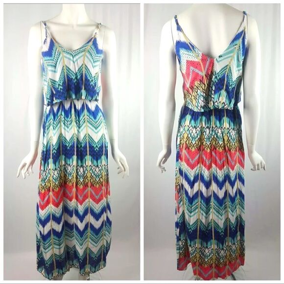 Fun & Flirt Womens Size Small Sleeveless V-Neck Flounce Chevron Maxi - Picture 1 of 12